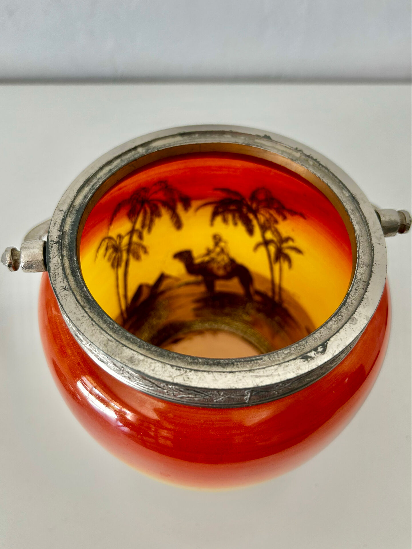 Art Deco biscuit jar in tango orange glass - Egypt Desert decor