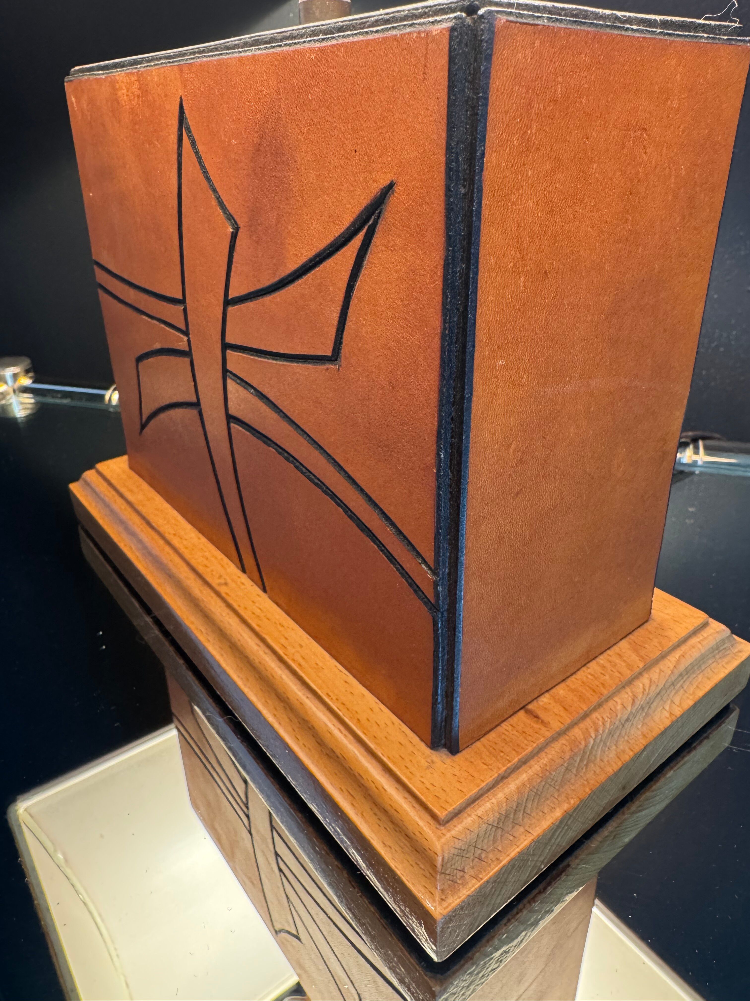 70s leather and wood pagoda lamps
