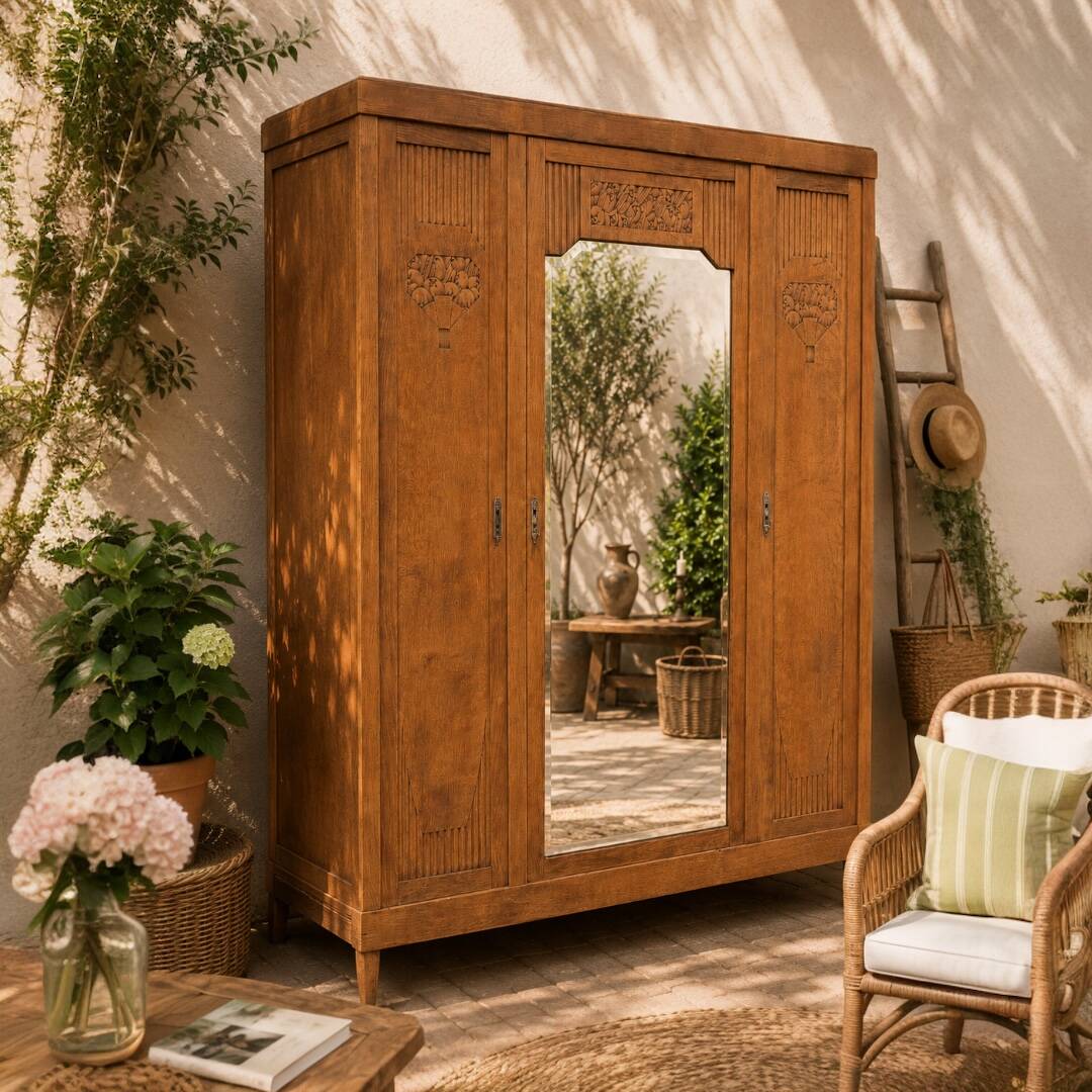 Art deco wardrobe in raw oak with bevelled mirror.