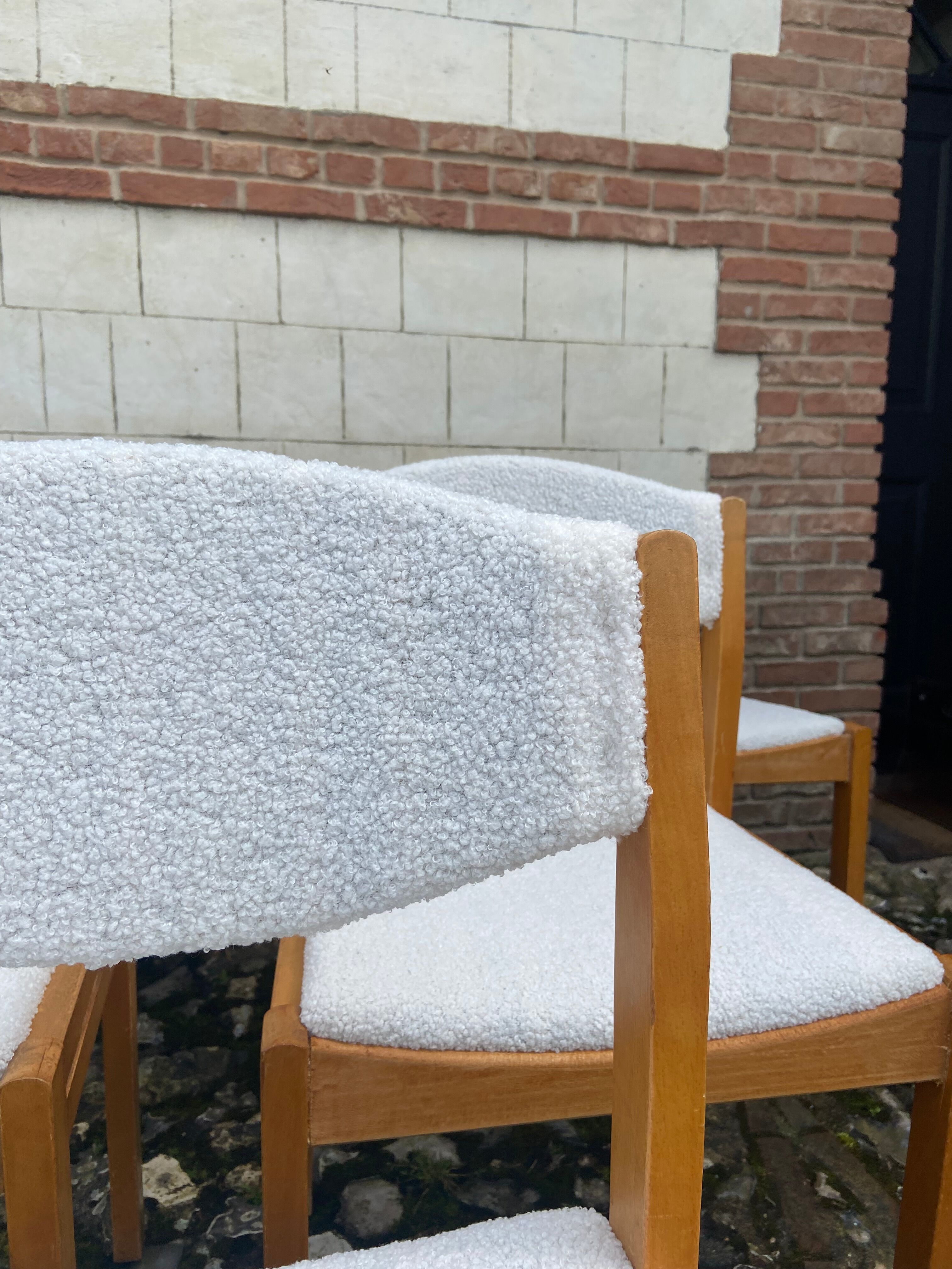 Six vintage 70s Baumann style chairs white buckle fabric