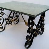 Green-forged neo-classical coffee table gold, green marble Poillerat 1940