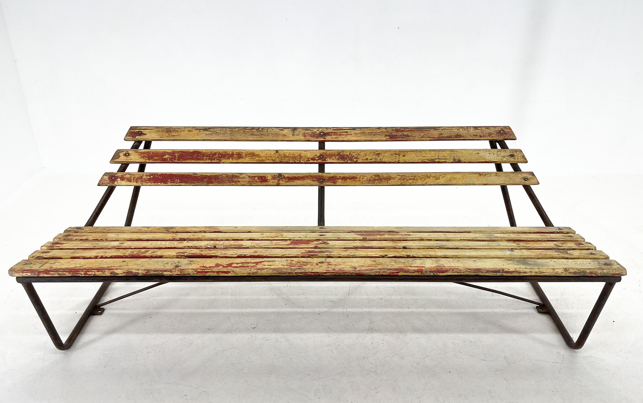 Vintage Industrial Slatted Bench with Original Patina