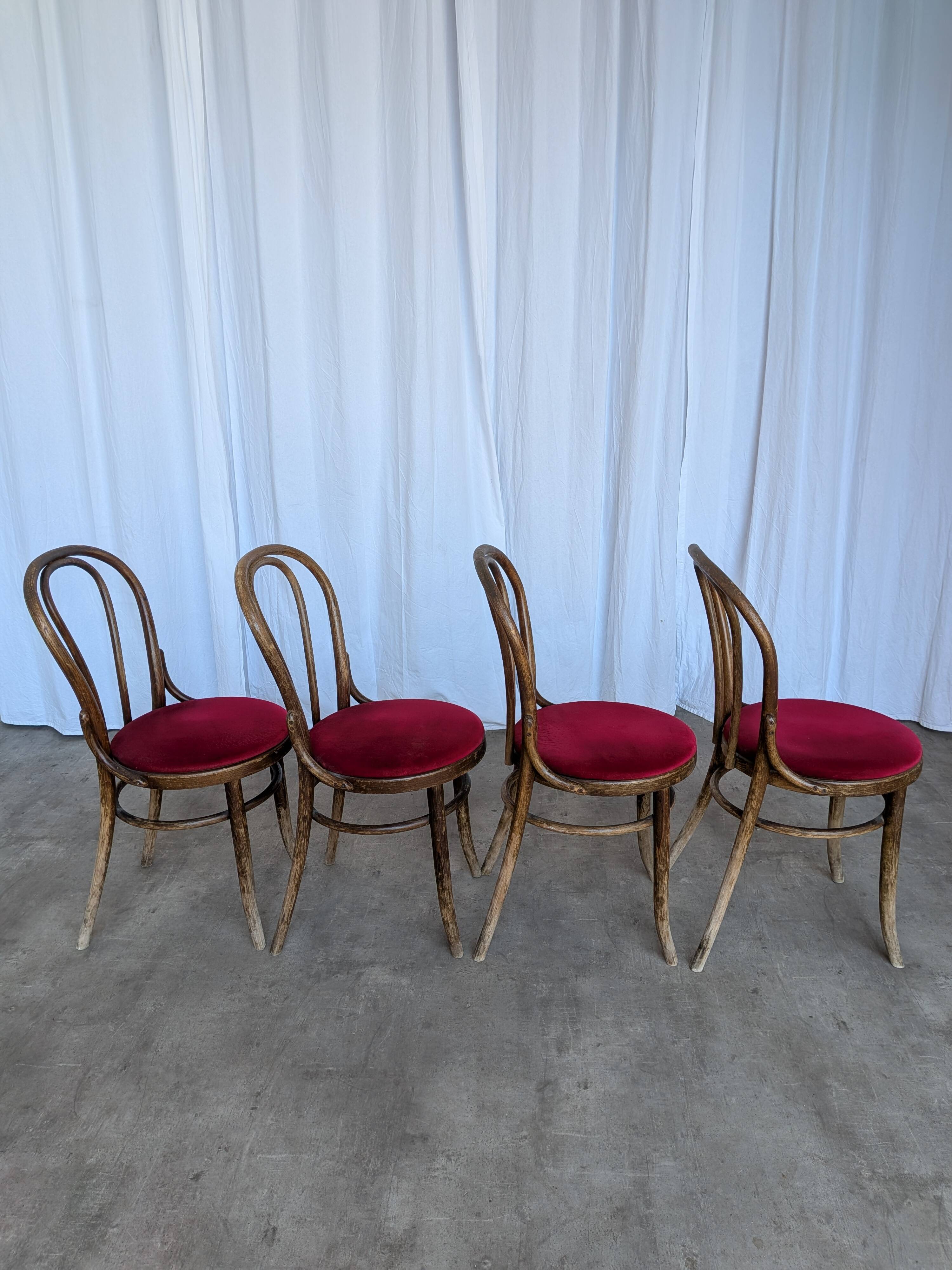 Set of 4 Vintage Bentwood Bistro Chairs, Red Upholstery