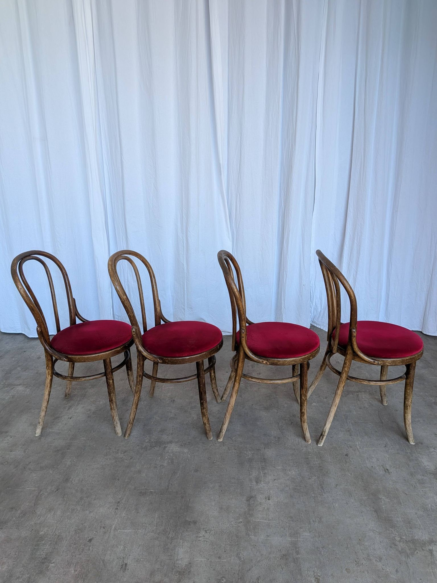 Set of 4 Vintage Bentwood Bistro Chairs, Red Upholstery