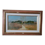 Peinture à l'huile paysage en carton maremme Bruno Loretti (Livourne 1940)