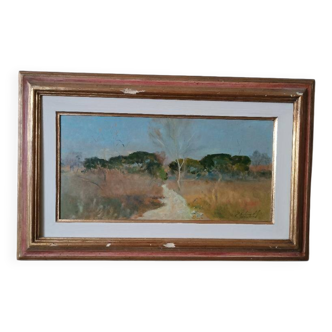 Peinture à l'huile paysage en carton maremme bruno loretti ( livourne 1940 )