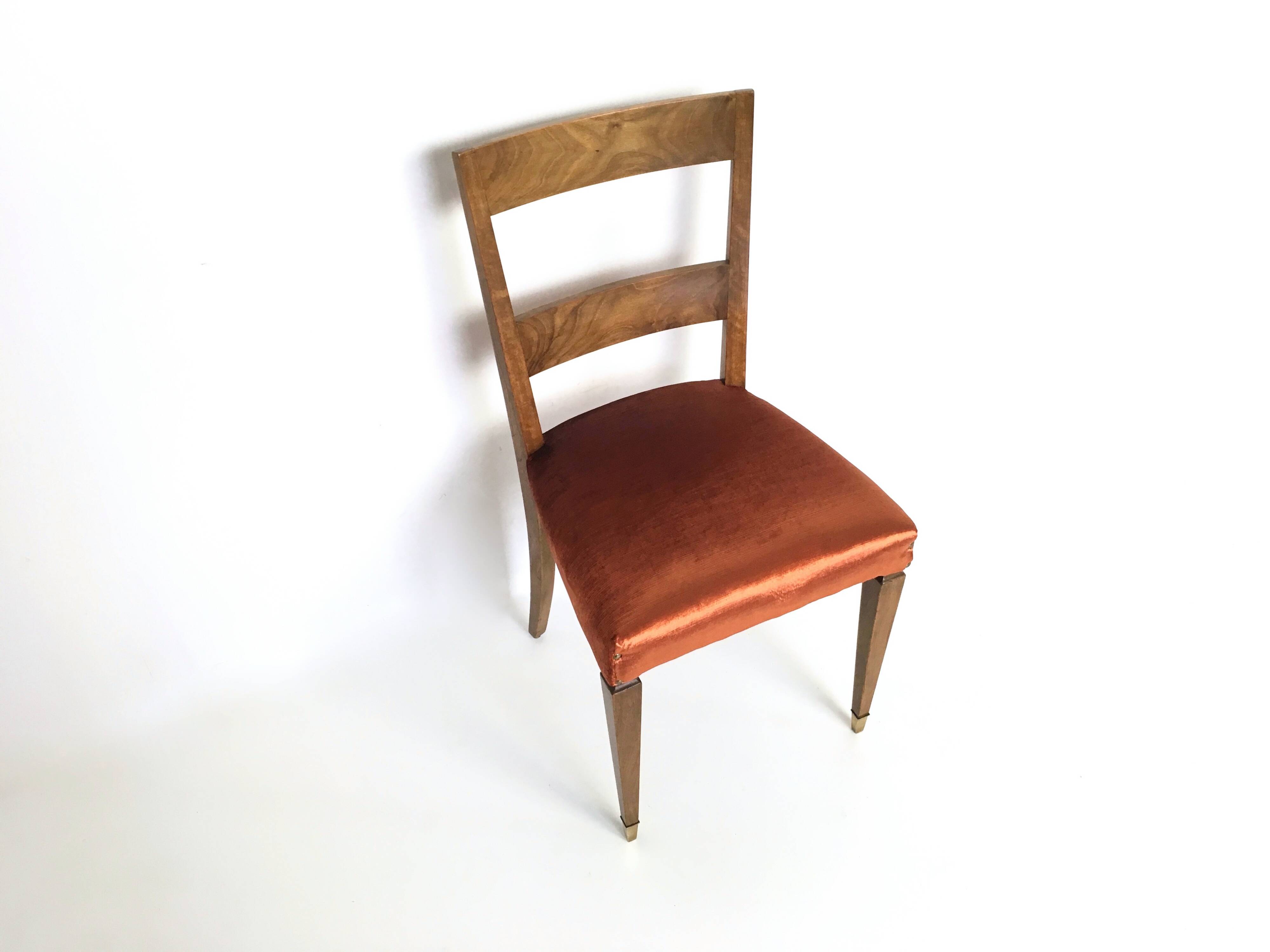 Set of Ten Orange Fabric Upholstery and Walnut Dining Chairs, Italy