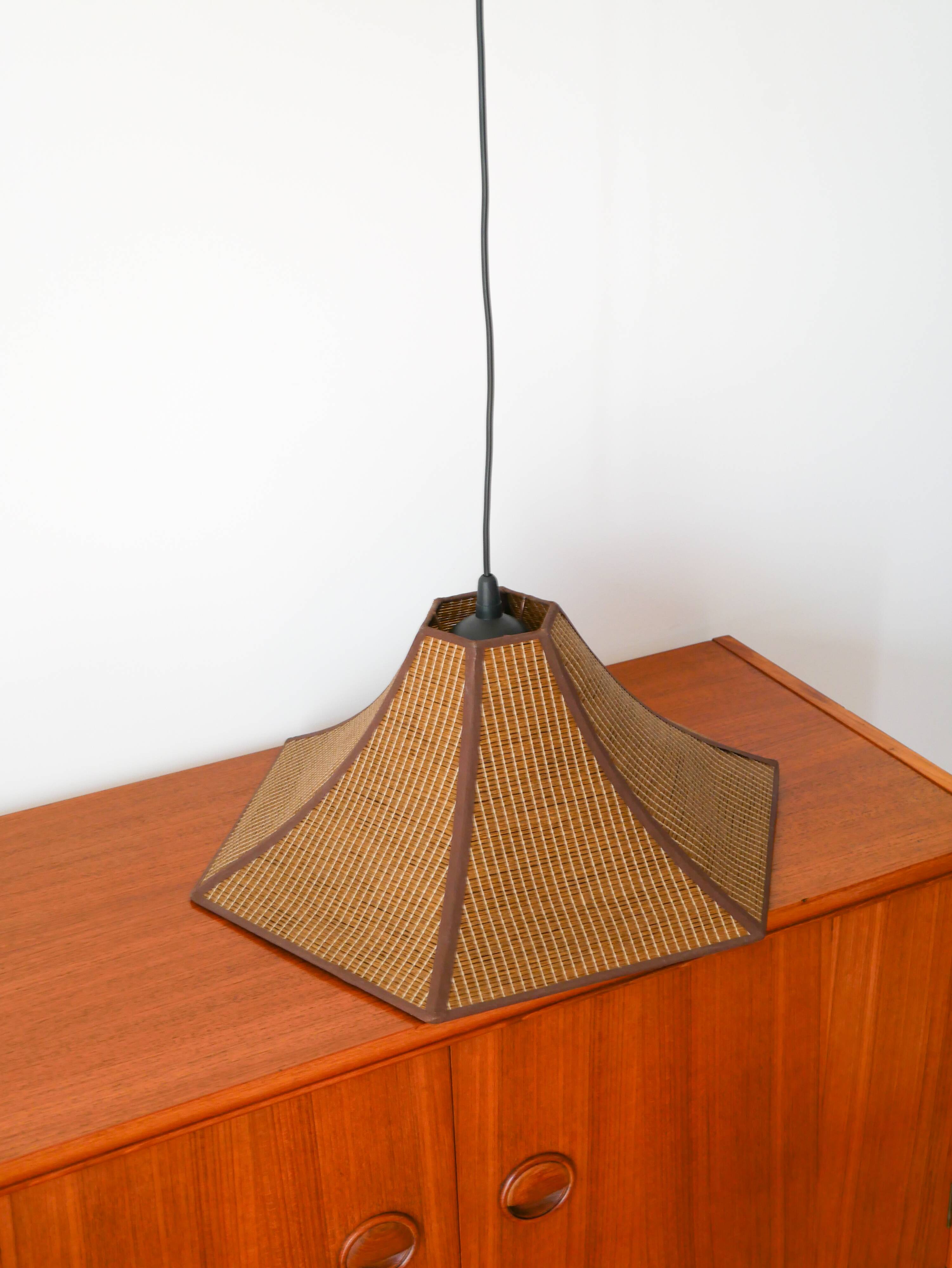 Hexagonal pendant light in brown rattan, 1970