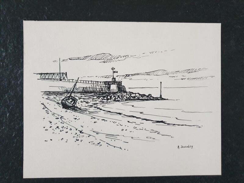André Duculty (1912-1990) India ink on paper "Beachside" Signed lower right