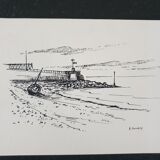 Encre de Chine sur papier "Bord de plage" Signée en bas à droite, André Duculty (1912-1990)