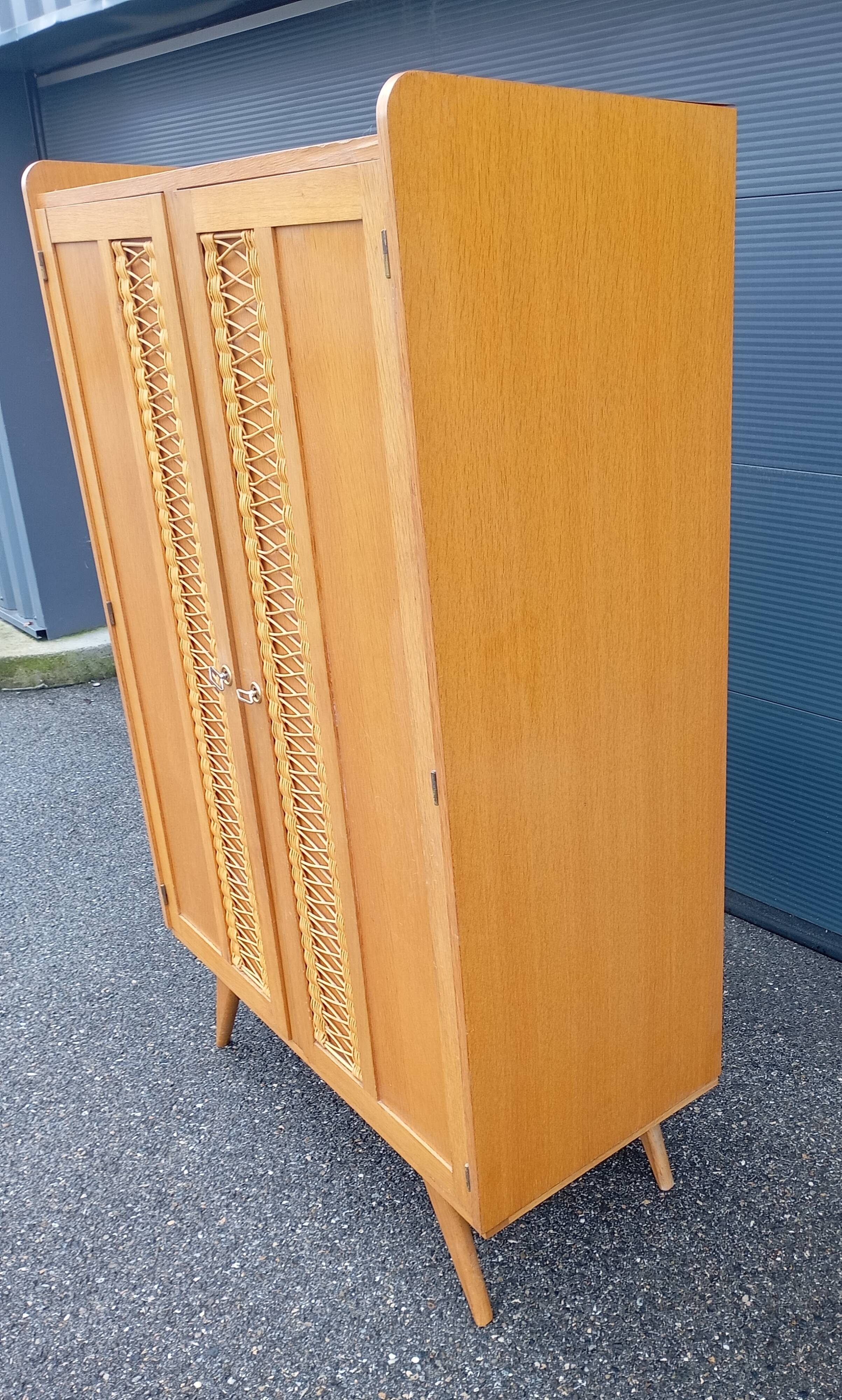 Vintage oak and rattan wardrobe