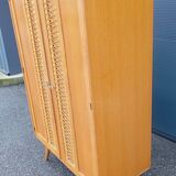 Vintage oak and rattan wardrobe