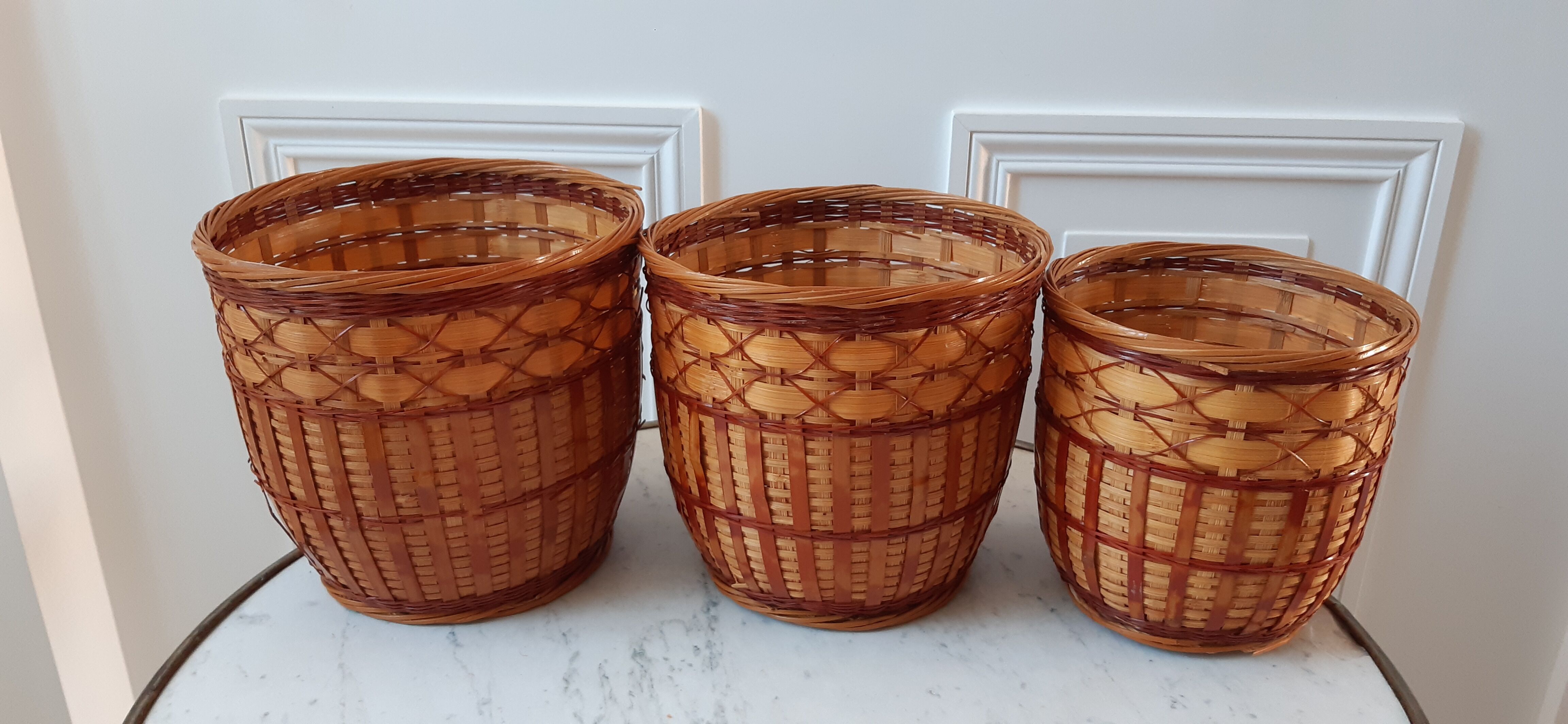 Trio of rattan and vintage bamboo pot covers 70s
