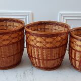 Trio of rattan and vintage bamboo pot covers 70s