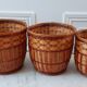 Trio of rattan and vintage bamboo pot covers 70s
