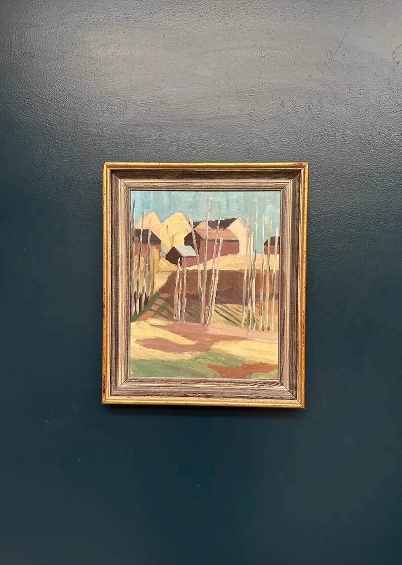 Original Swedish Oil on Panel – "Huts Behind the Trees" – Signed – Vintage & Framed – 51 × 43 cm (20.1" × 16.9")