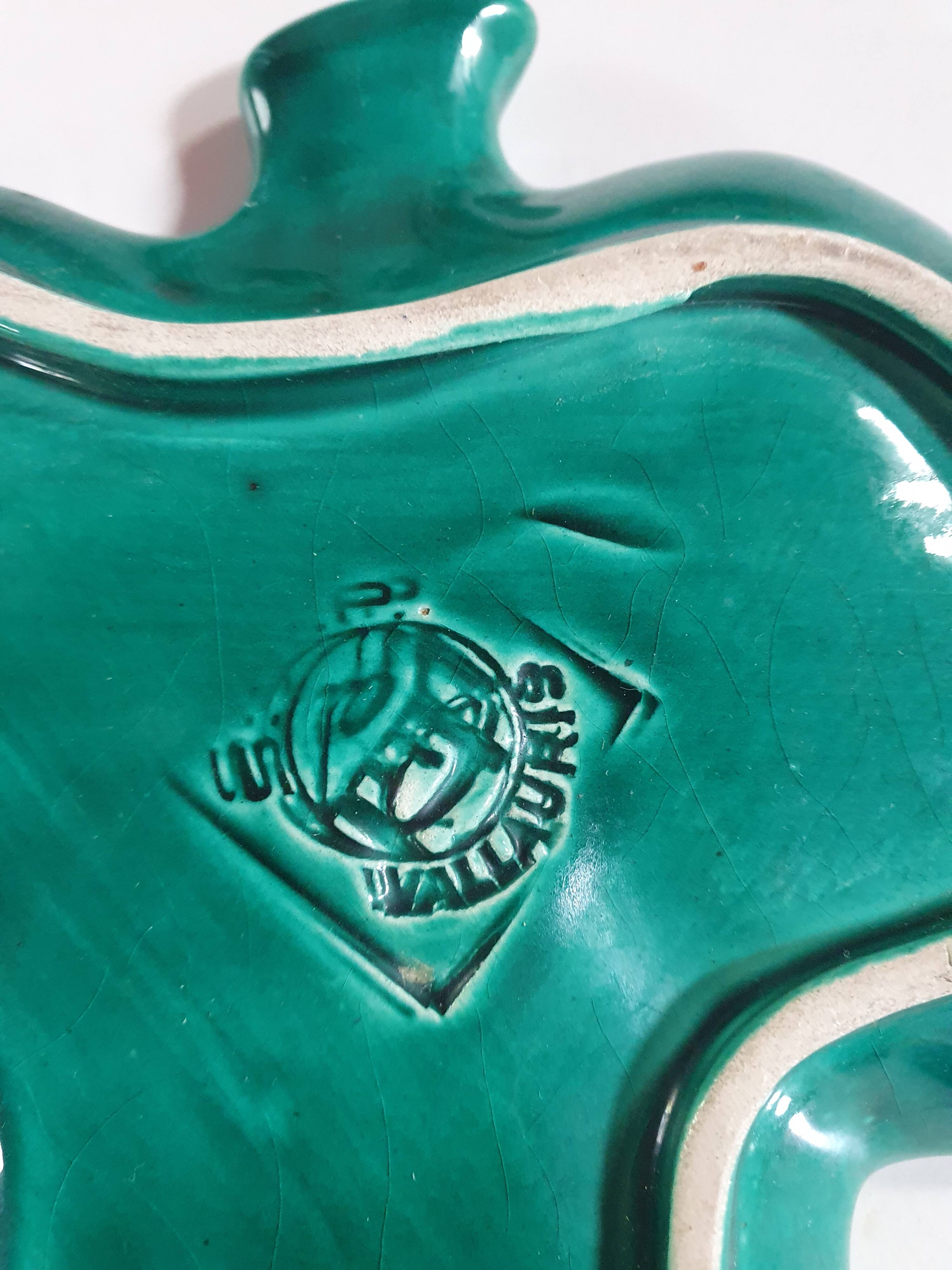 empty pocket cup leaf shape green ceramic slip, some chips on one edge