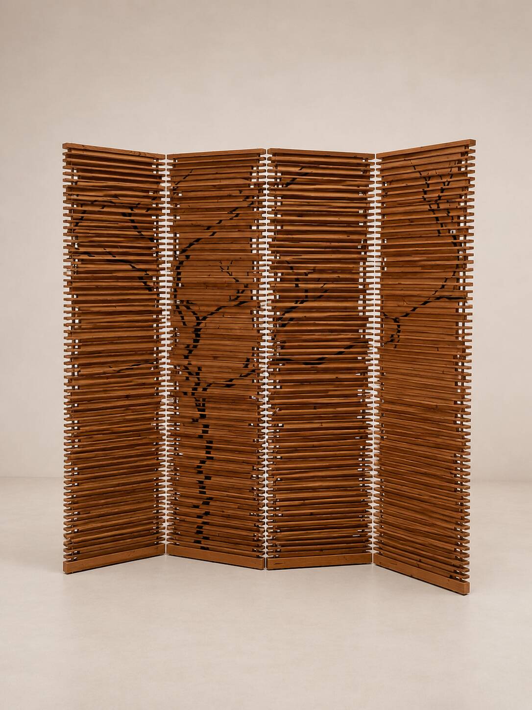 Wooden screen with slats, black plant decoration.
