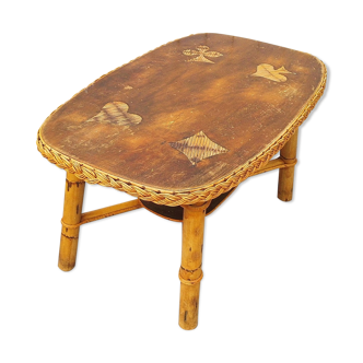 Wicker rattan coffee table and vintage bamboo