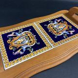Plateau de service en hêtre et carreaux faïence de Gien décor Renaissance