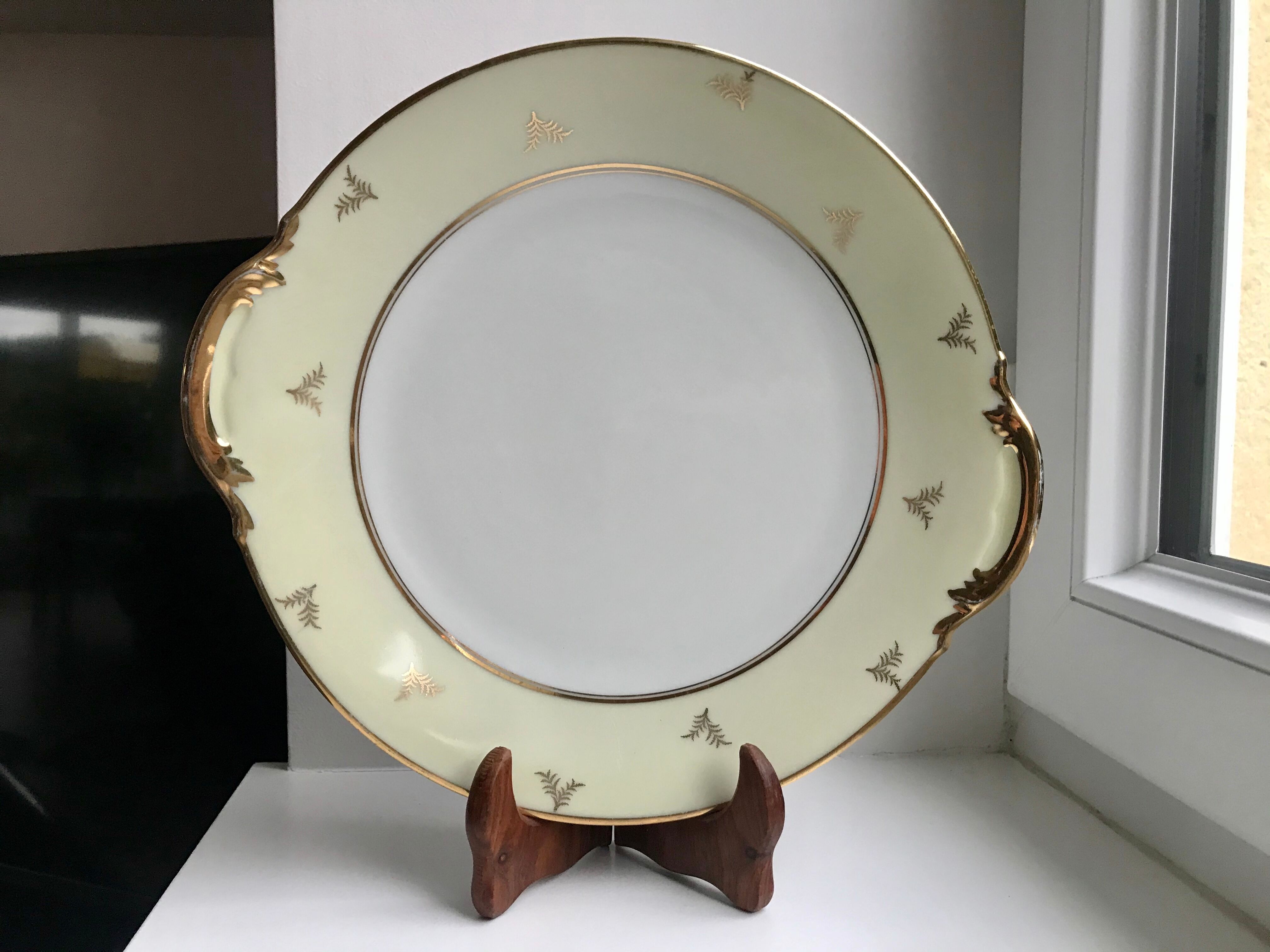 Cream and golden cake dish Limoges porcelain 50s