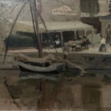 Huile sur toile encadrée " Vue sur le port " XX siècle
