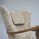 1960s, Danish armchair, beige/brown furniture fabric, carved oak wood.