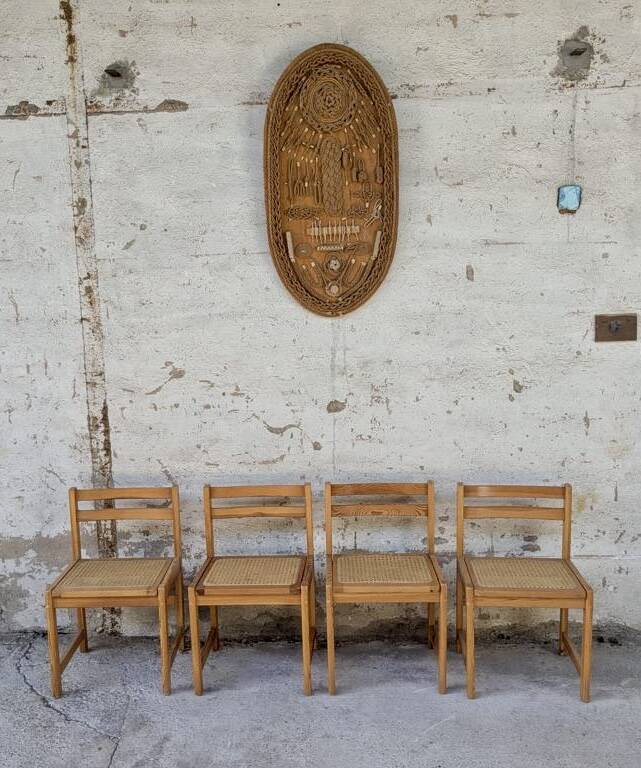 Set of 4 vintage pine chairs with cane seats