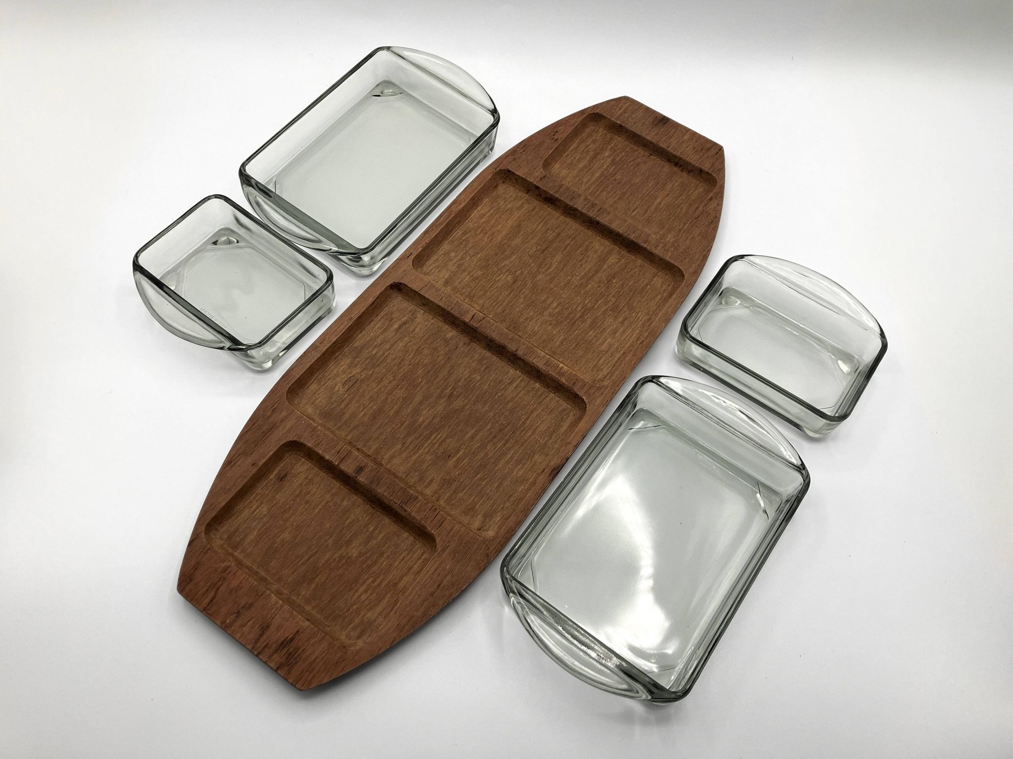 Teak tray and its 4 stackable glass dishes • Denmark • 1960