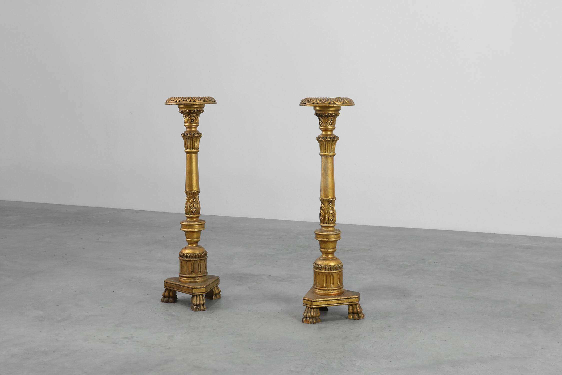 Pair of Gilt Wooden Pedestals with Plaster Decoration, France 19th Century