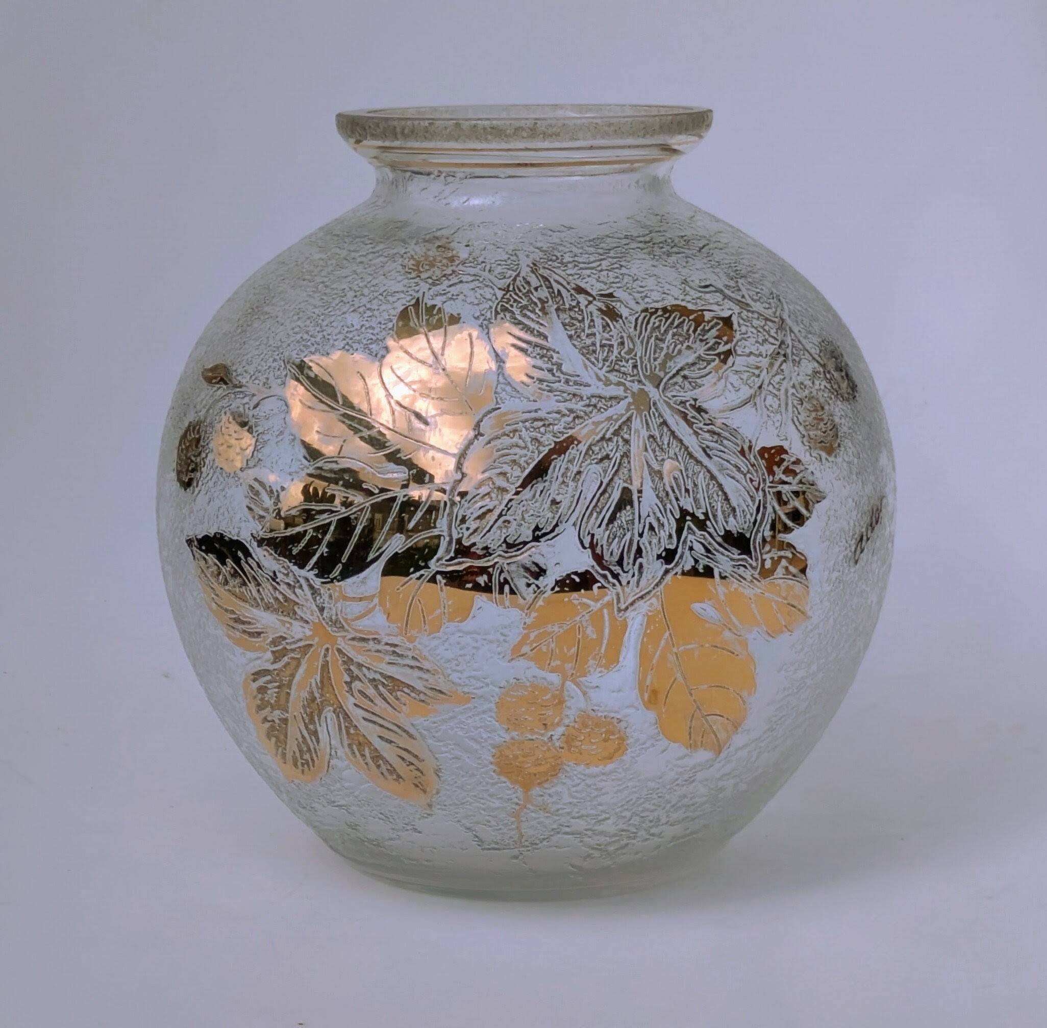 Frosted Glass Ball Vase with Golden Botanical Decoration — Signed Adat — Circa 1950