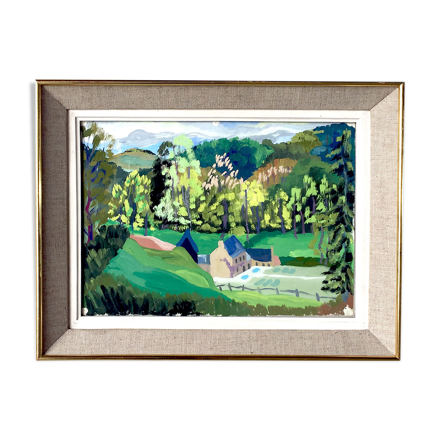 Pyrenean hamlet gouache framed 50s