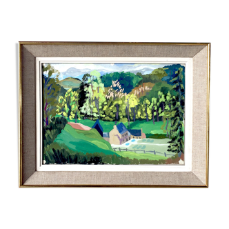 Hameau Pyrénéen gouache encadrée années 50