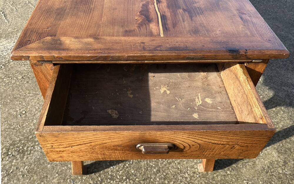 Solid oak farmhouse table, one drawer, vintage, early 20th century.
