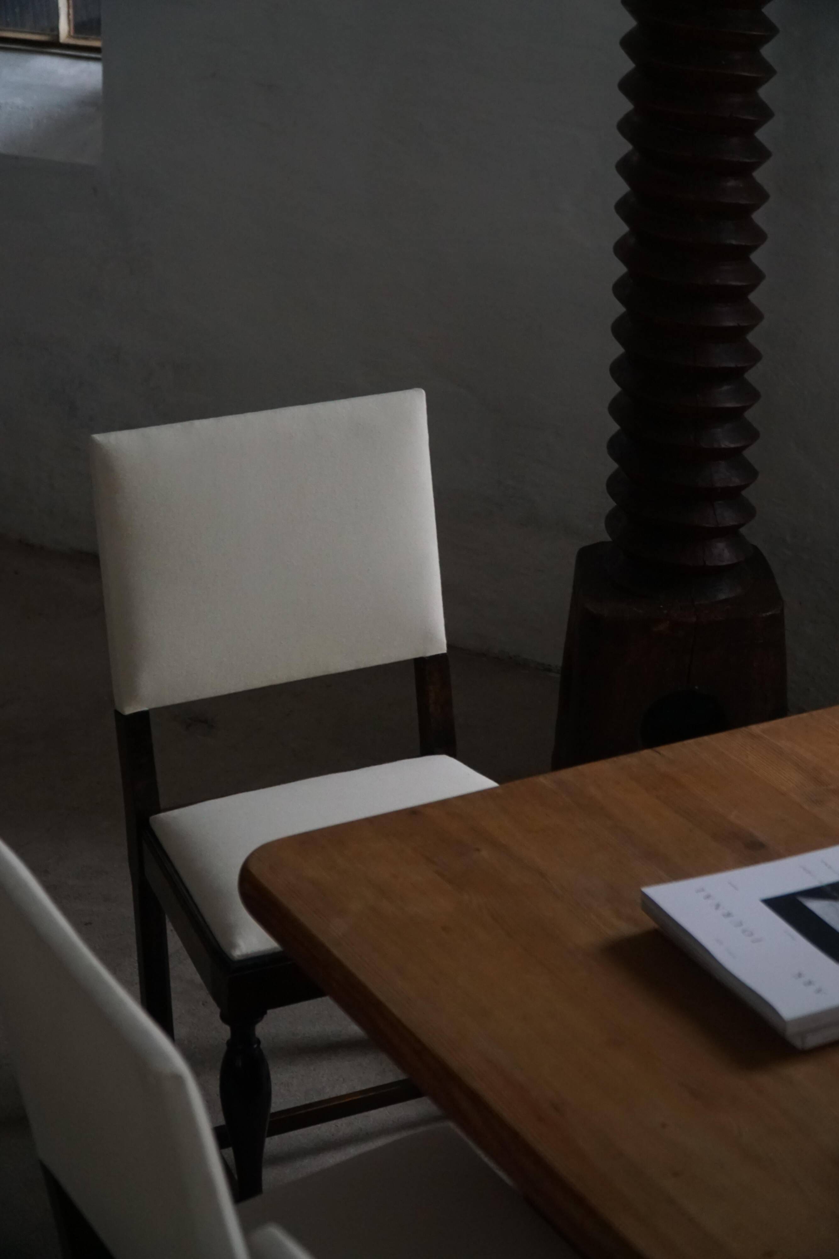 Set of 6 Swedish Grace dining chairs in birch with new upholstery, 1920s.