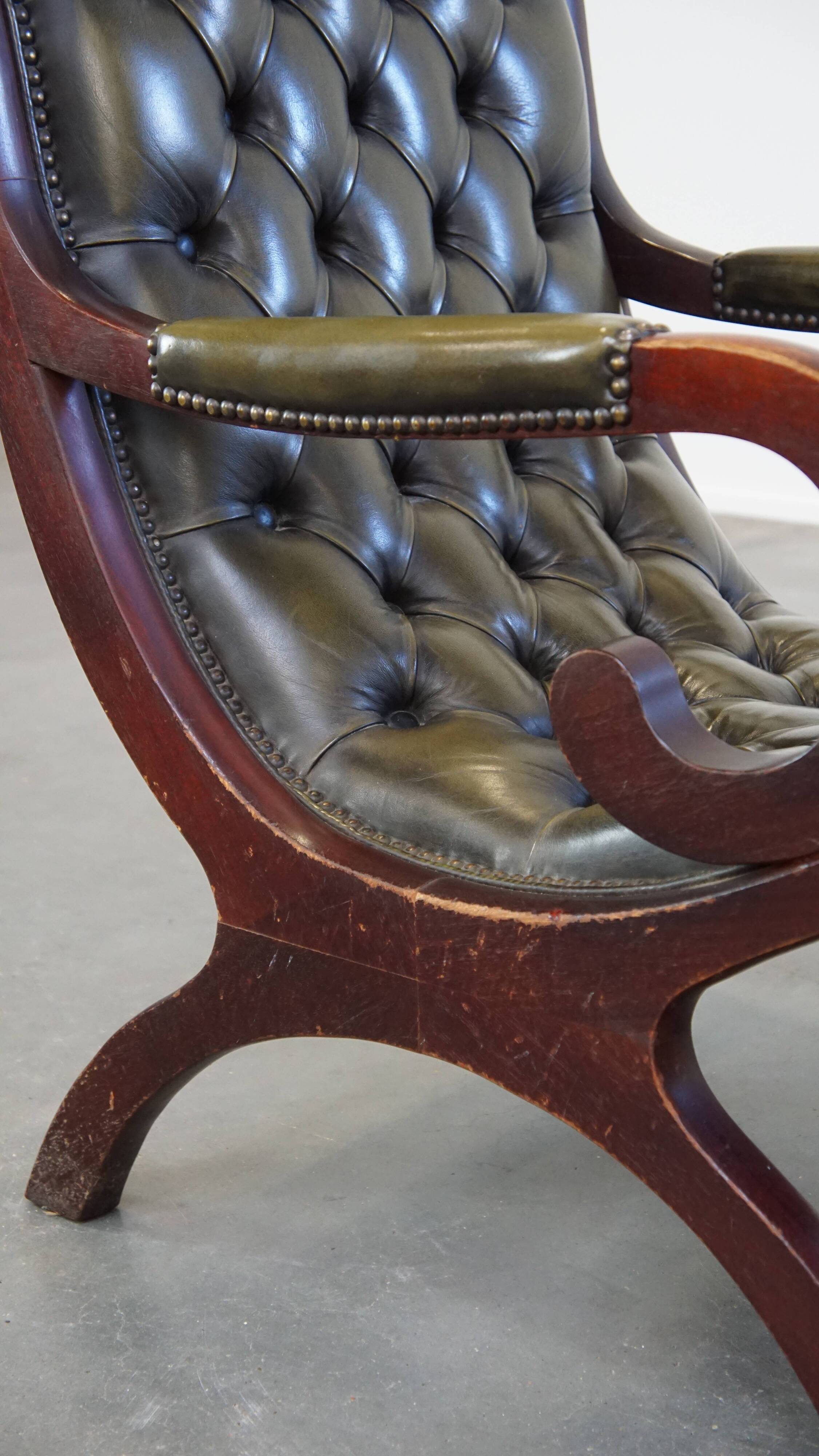 Green cow leather chesterfield armchair combined with wood