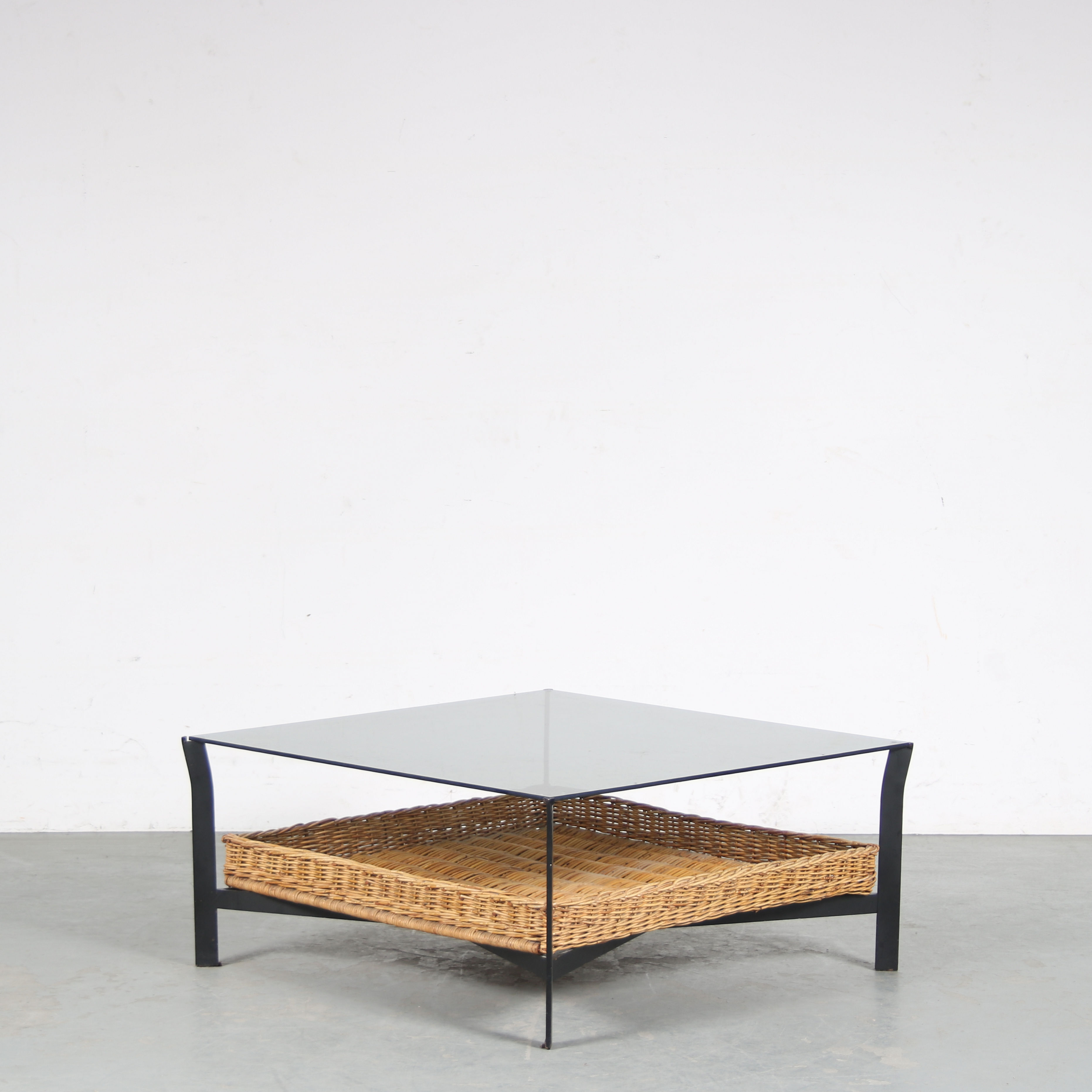 1960s Coffee table with wicker and smoked glass, Netherlands