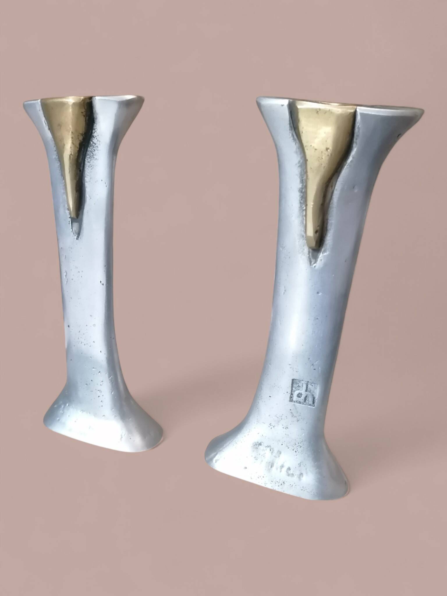 Pair of brutalist candlesticks in bronze and aluminum - David Marshall.