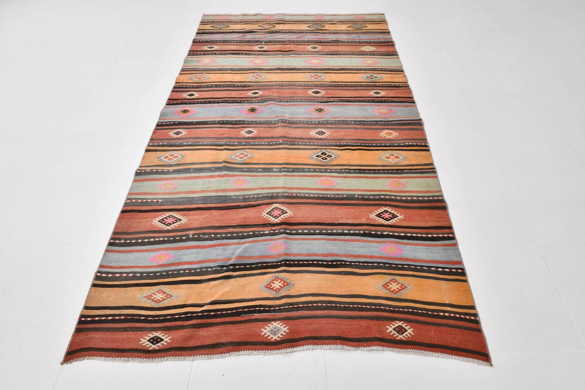 5x8 Kilim Striped Multicolor Kilim Rug,Oushak Handmade Area Rug,134x2145 Cm