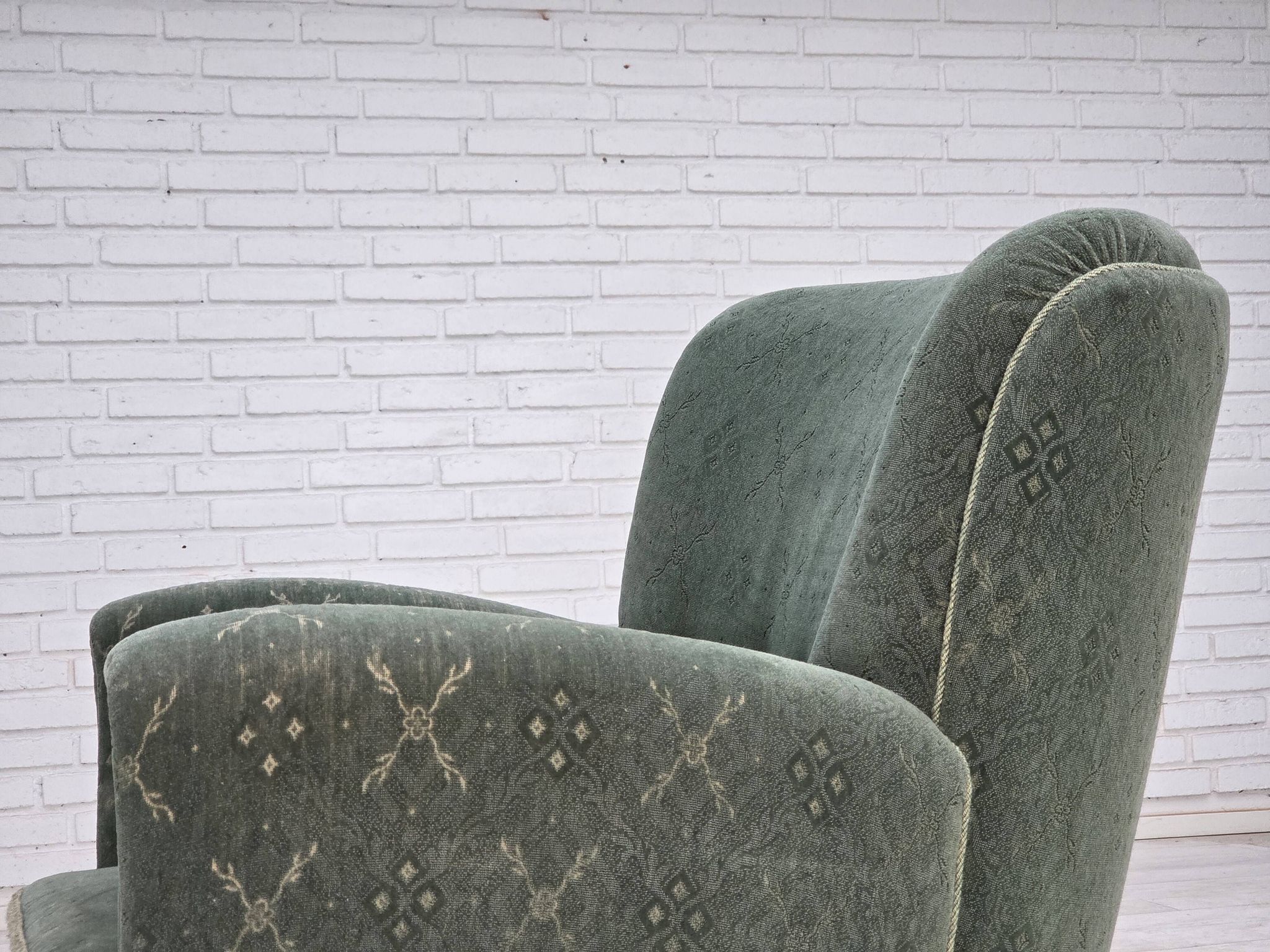 1960s, Danish armchair, light green furniture wool, oak wood legs.