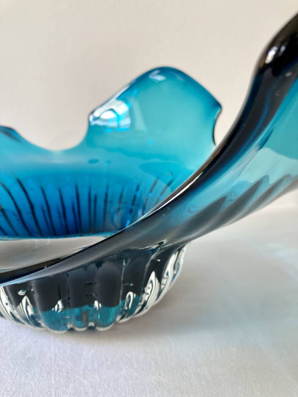 Large blue blown glass fruit bowl