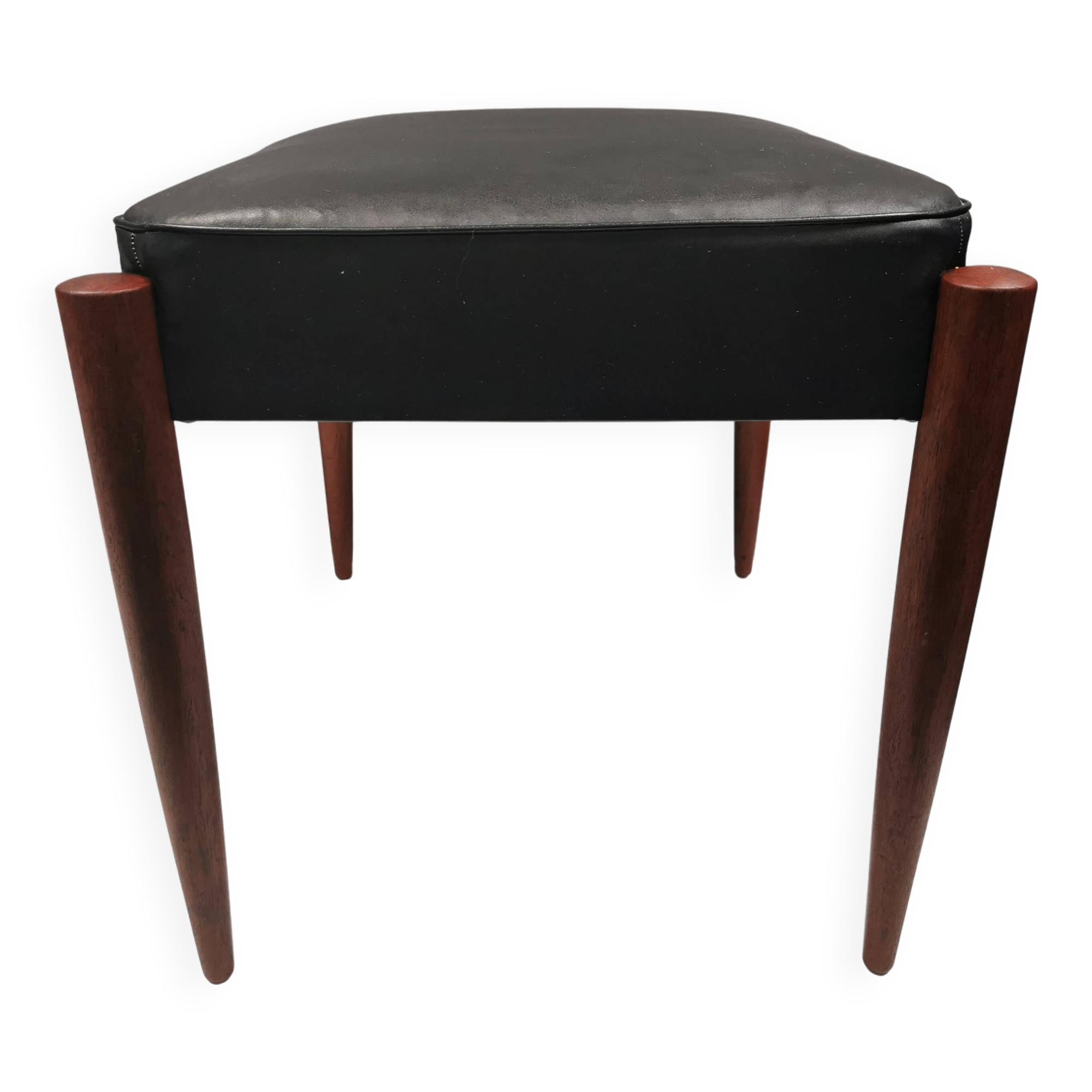Footstool with teak wood legs and black skai (imitation leather) 1970s