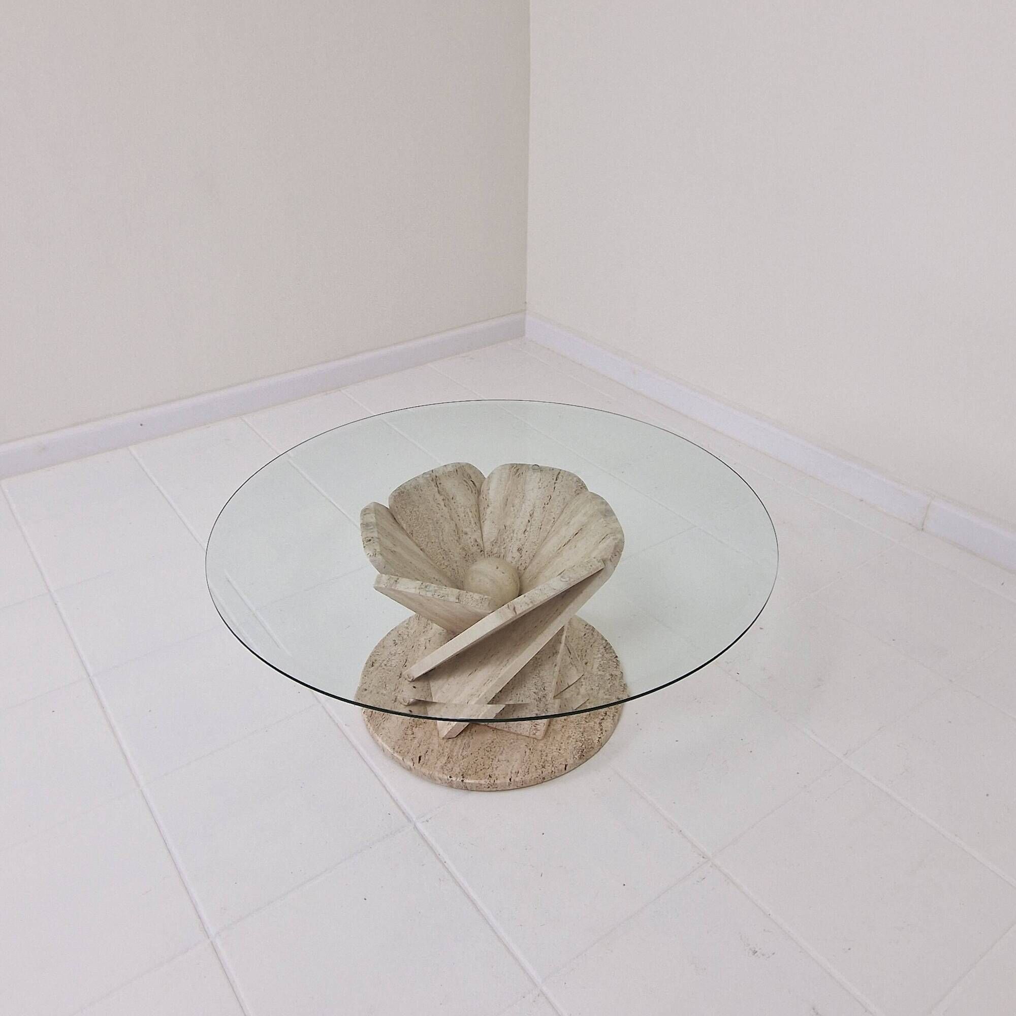 Italian "Flower" Coffee Table in Travertine With Facet-cut Round Plate, 1980s