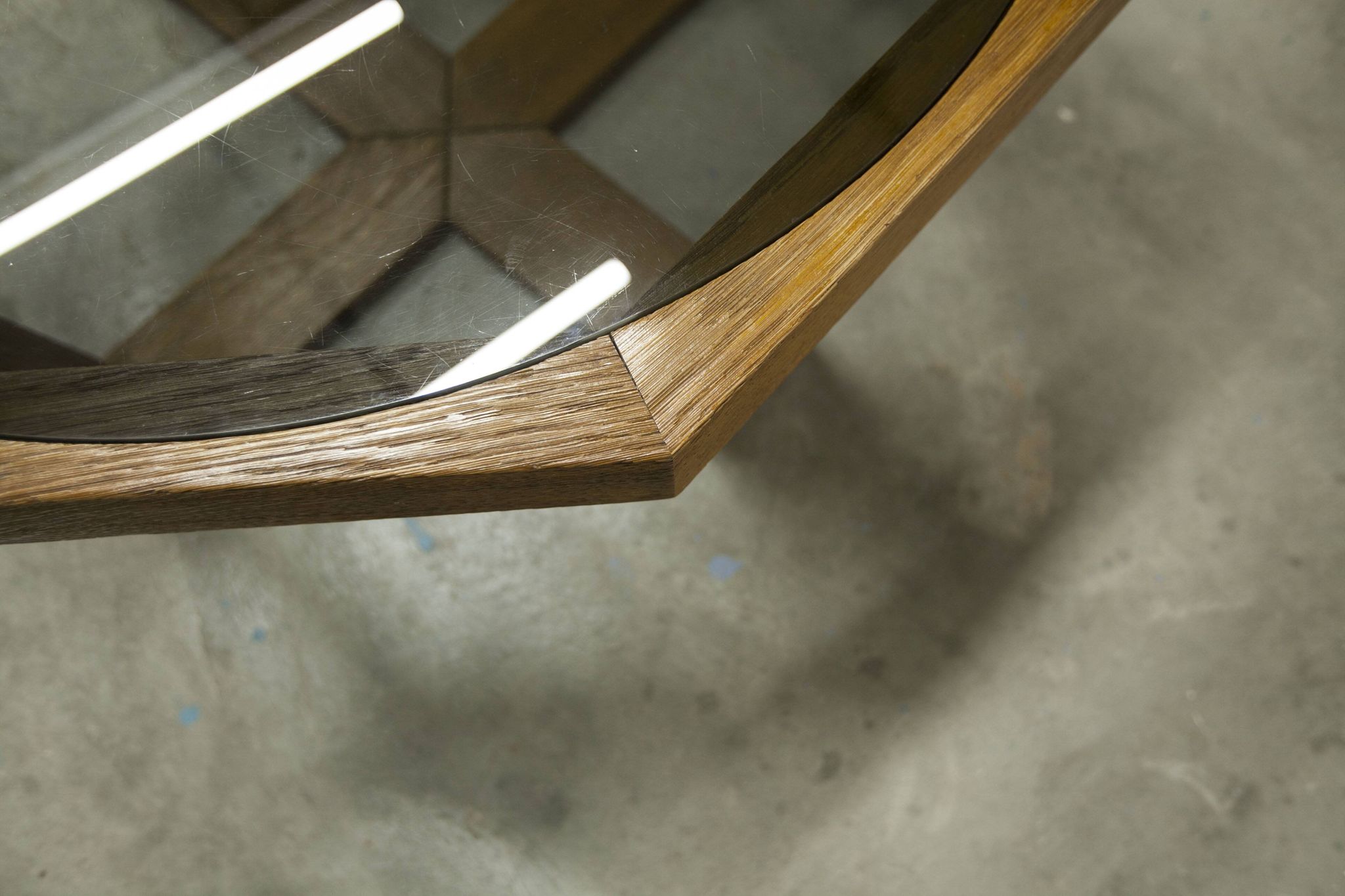 Unique hexagonal table 1977, smoked glass and oak, Swiss made.