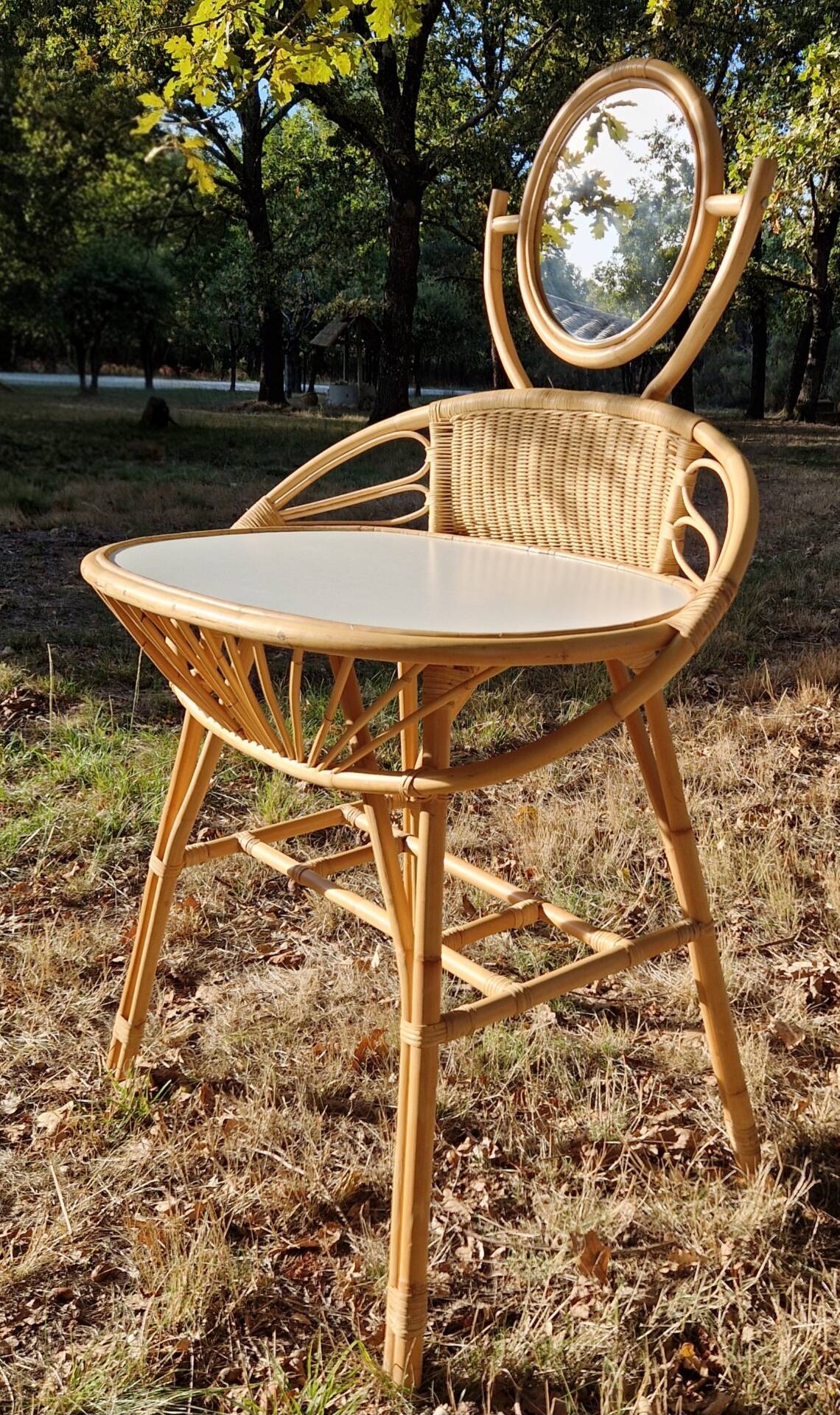 Vintage rattan hairdresser, 1960s, round mirror and woven backrest.