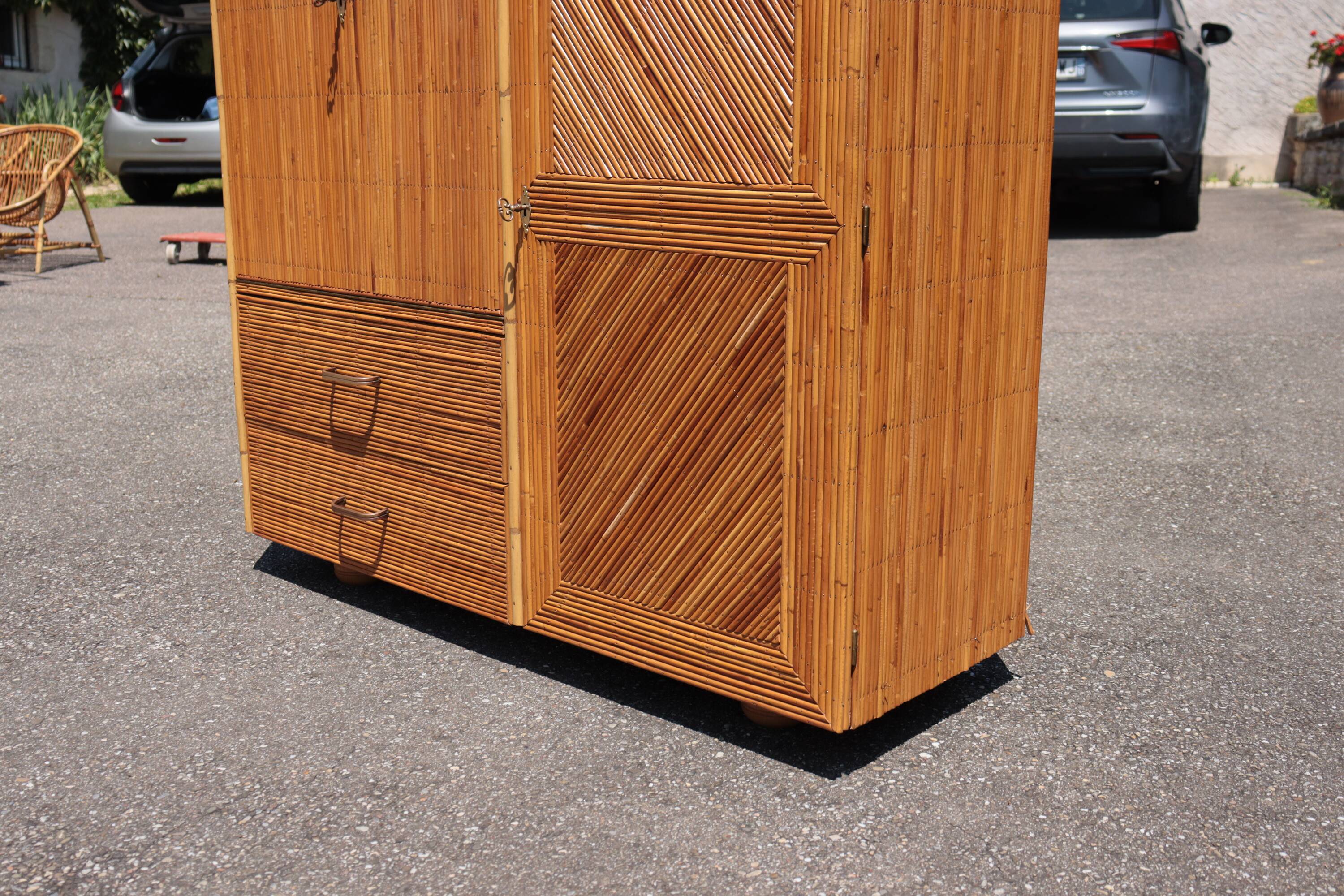 Rattan wardrobe/secretary Audoux & Minnet  style 1950