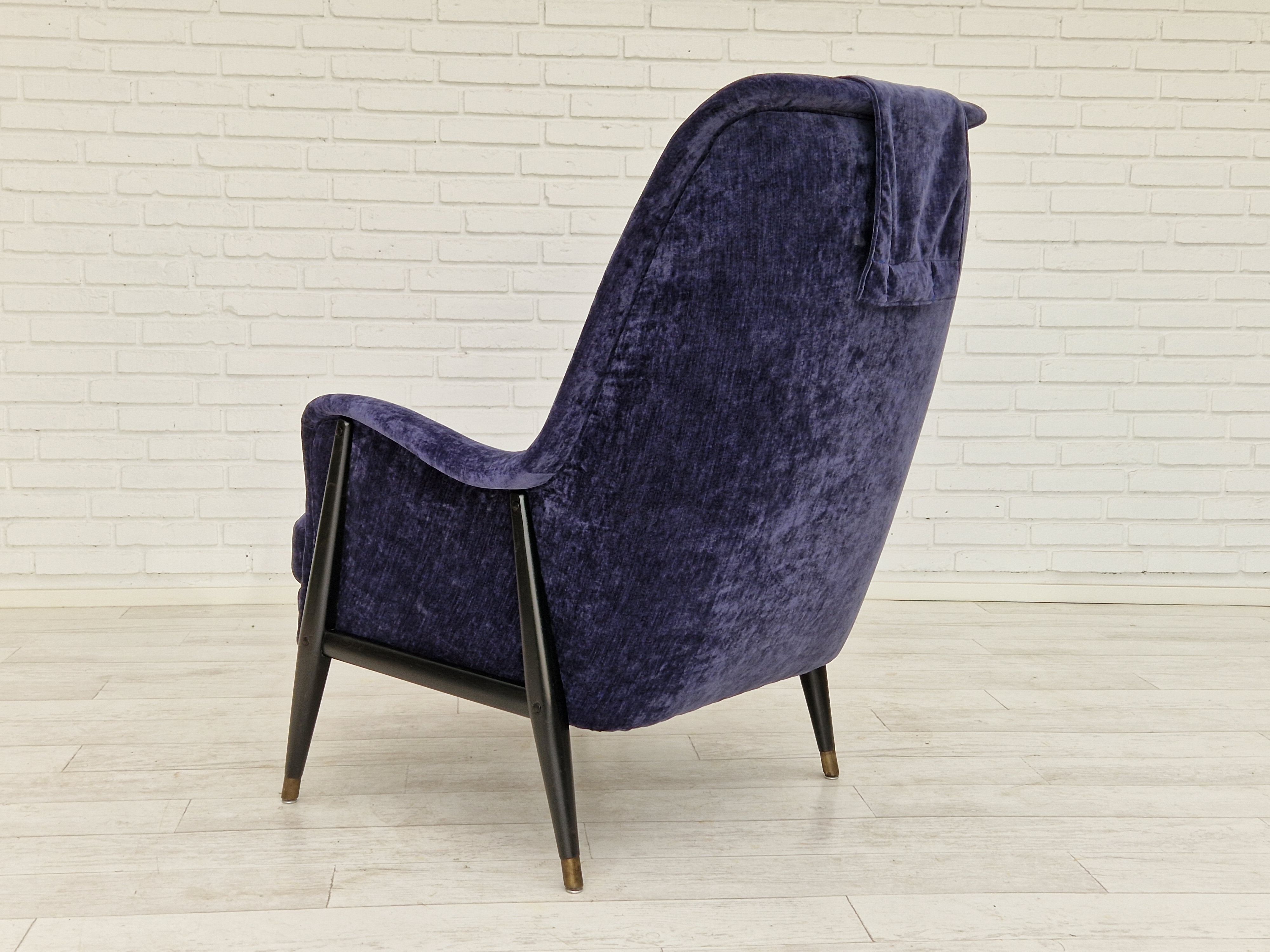 1960s, Swedish design, refurbished high-back armchair, vintage velour