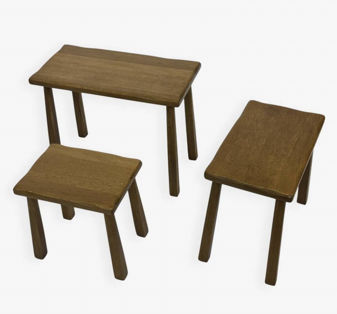 Vintage Set of 3 brutalist oak side or nesting tables 1970s