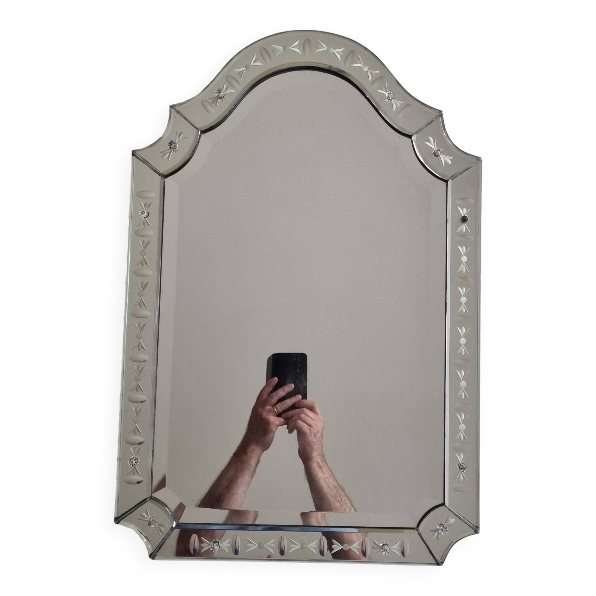 Vintage Venetian Beveled Edge Mirror with Engravings and Cabochons, 1950s, 62 x 44 cm