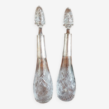 Pair of crystal and metal decanters